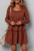 Long Sleeve Ribbed Knit Babydoll Tiered Mini Dress